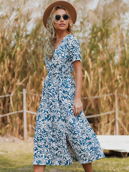 Floral Dress Printed Sash V-Neck Short Sleeves Chic Spring Midi Dresses