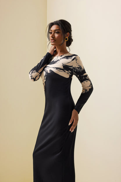 Floral Boat Neck Long Sleeve Midi Dress