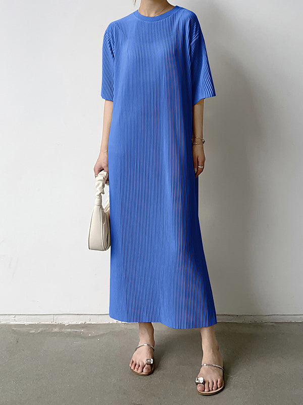 Half Sleeves Loose Pleated Solid Color Round-Neck Midi Dresses
