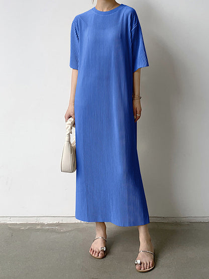 Half Sleeves Loose Pleated Solid Color Round-Neck Midi Dresses