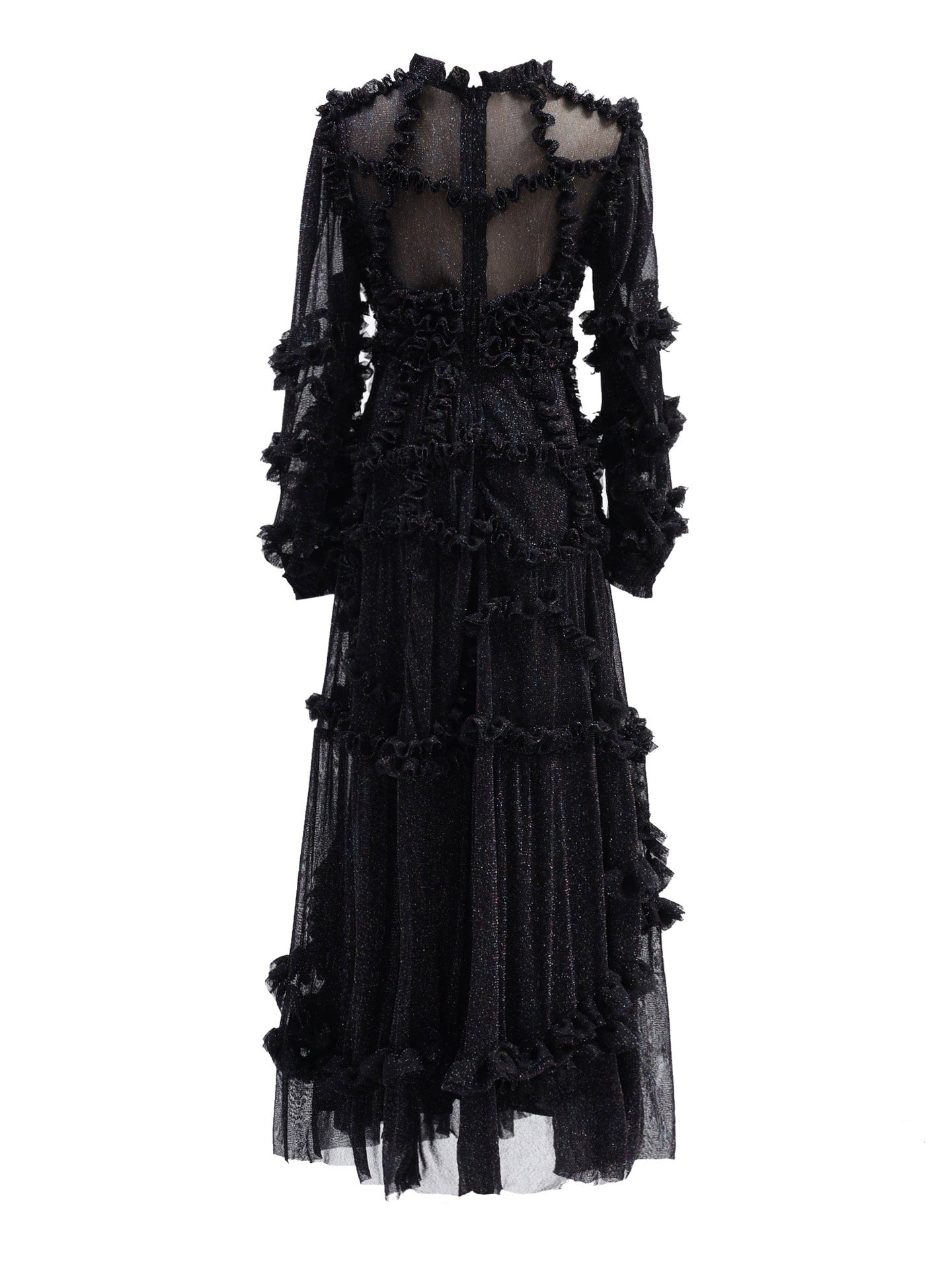 Ruffles Dress Illusion Long Sleeves High Collar Tulle Party Maxi Dresses