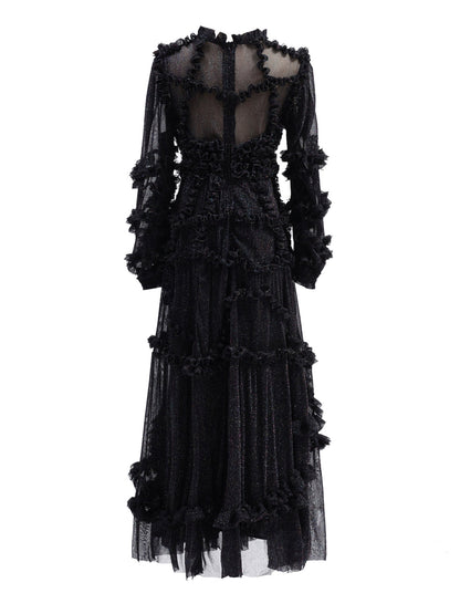 Ruffles Dress Illusion Long Sleeves High Collar Tulle Party Maxi Dresses