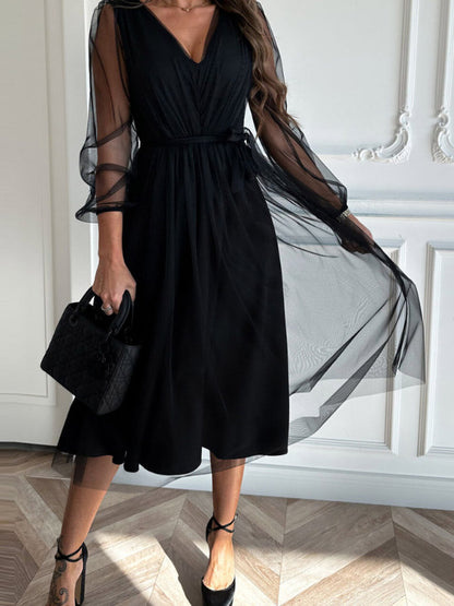 Black Midi Dress V-Neck Belted Backless Daily Casual Dresses