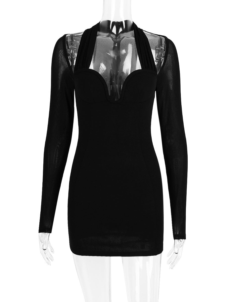 Bodycon Dress Halter Designed Neckline Ilusion Sleeves Nightout Coachella Mini Dresses