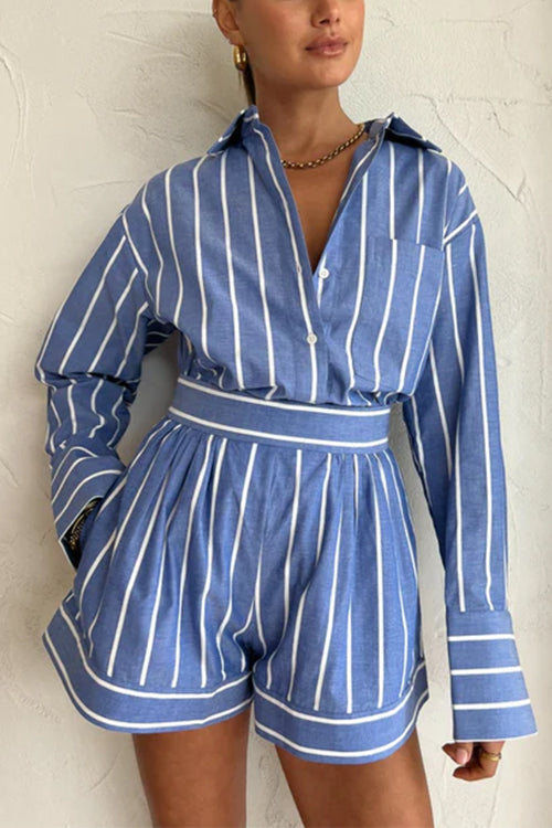 Margovil Striped Long Sleeves Curve Hem Shirt and High Rise Shorts Set