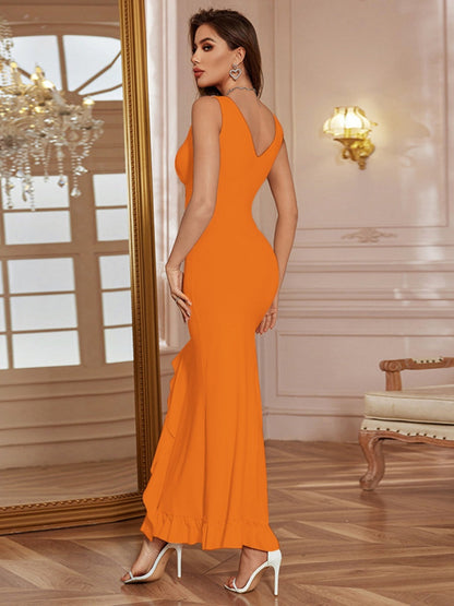 V-neck Ruffle Slit Maxi Dresses