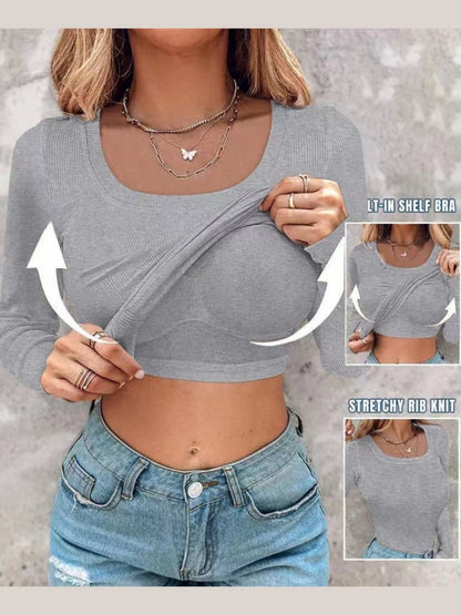 With Bra U-neck Thread Solid Color Long Sleeve T-shirts