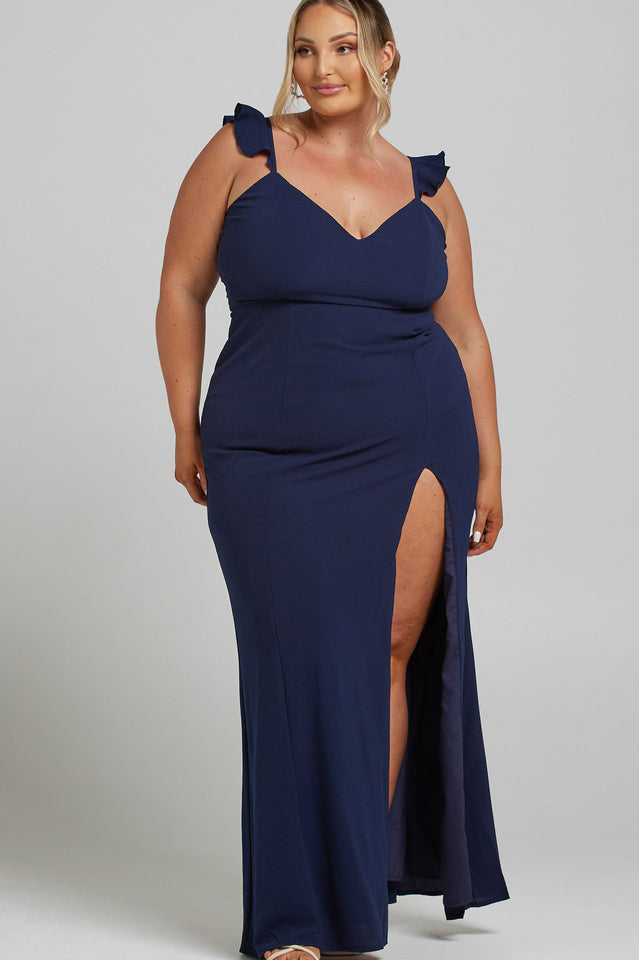 Deep V Neck Ruffle Strap Princess Seam High Slit Maxi Dress