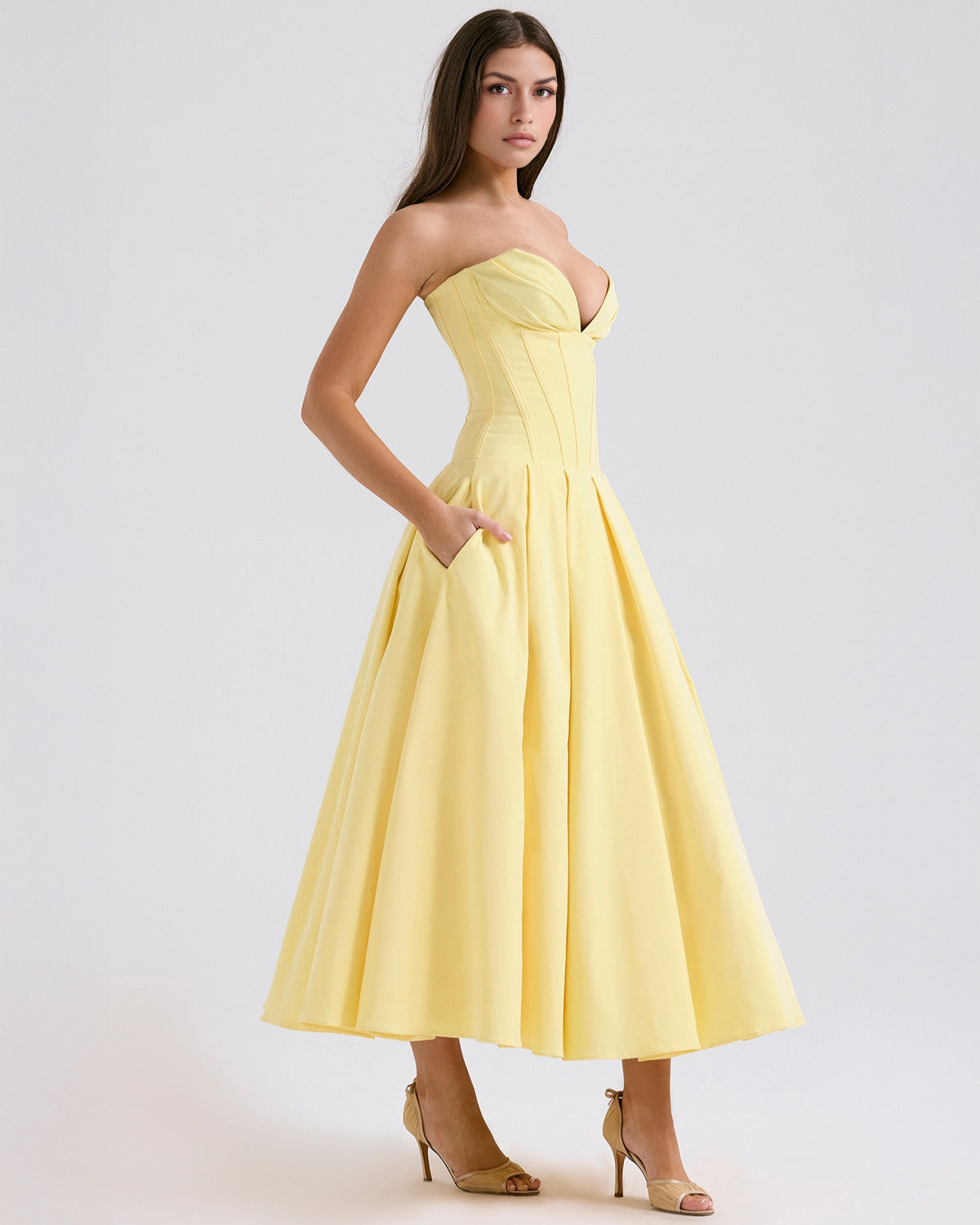 Strapless Corset Sweetheart Neckline Box Pleat A-Line Midi Dress