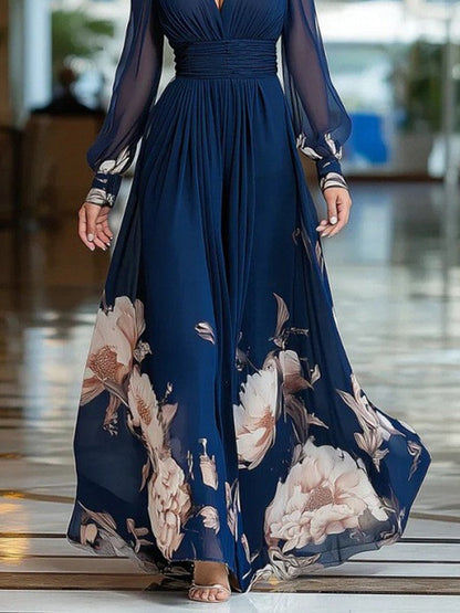 Mesh-paneled Fitted Floral Print Long Dress