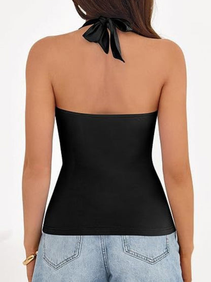 V-neck Halter Sleeveless Cross Metal Decoration Backless Jacket Camisoles Tank Tops