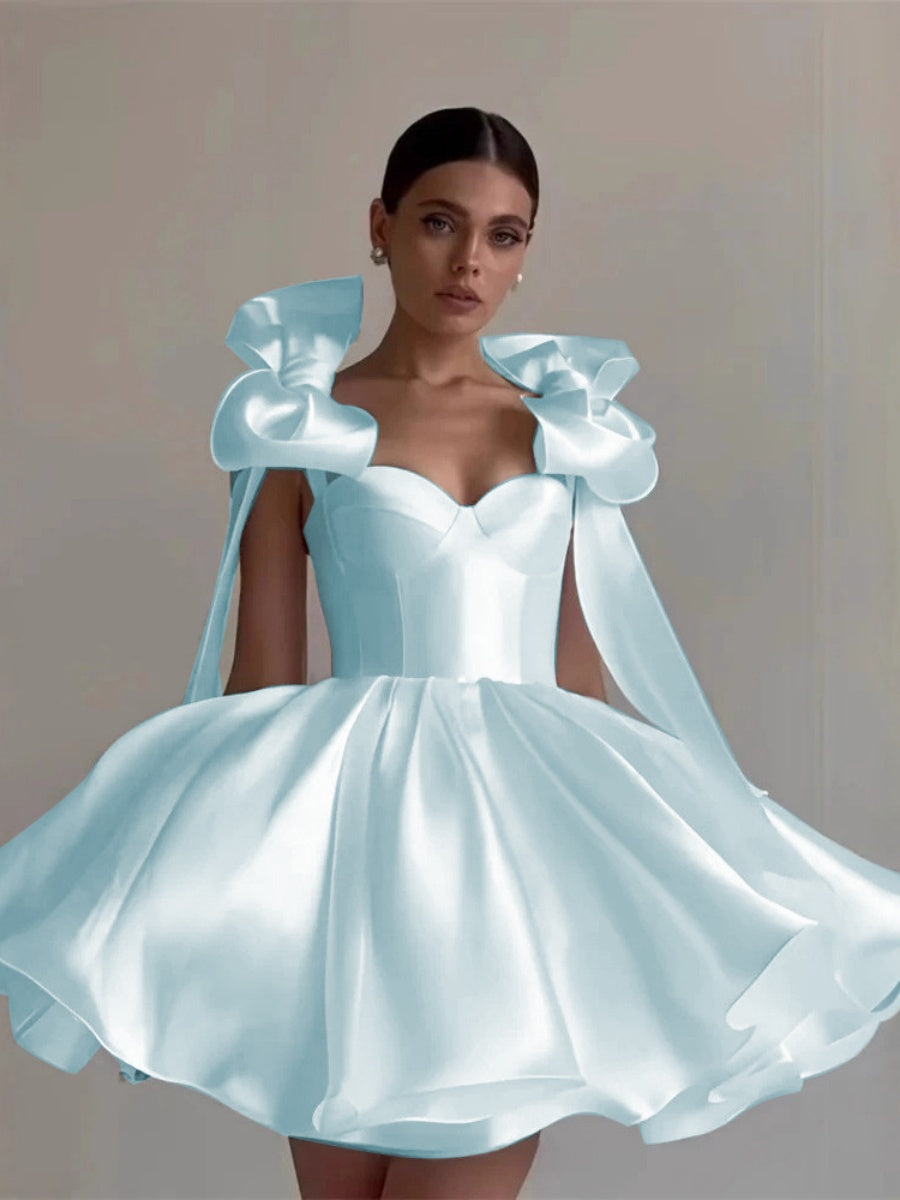 Glossy Fabric, Bow Design, Spaghetti Strap Mini Dress