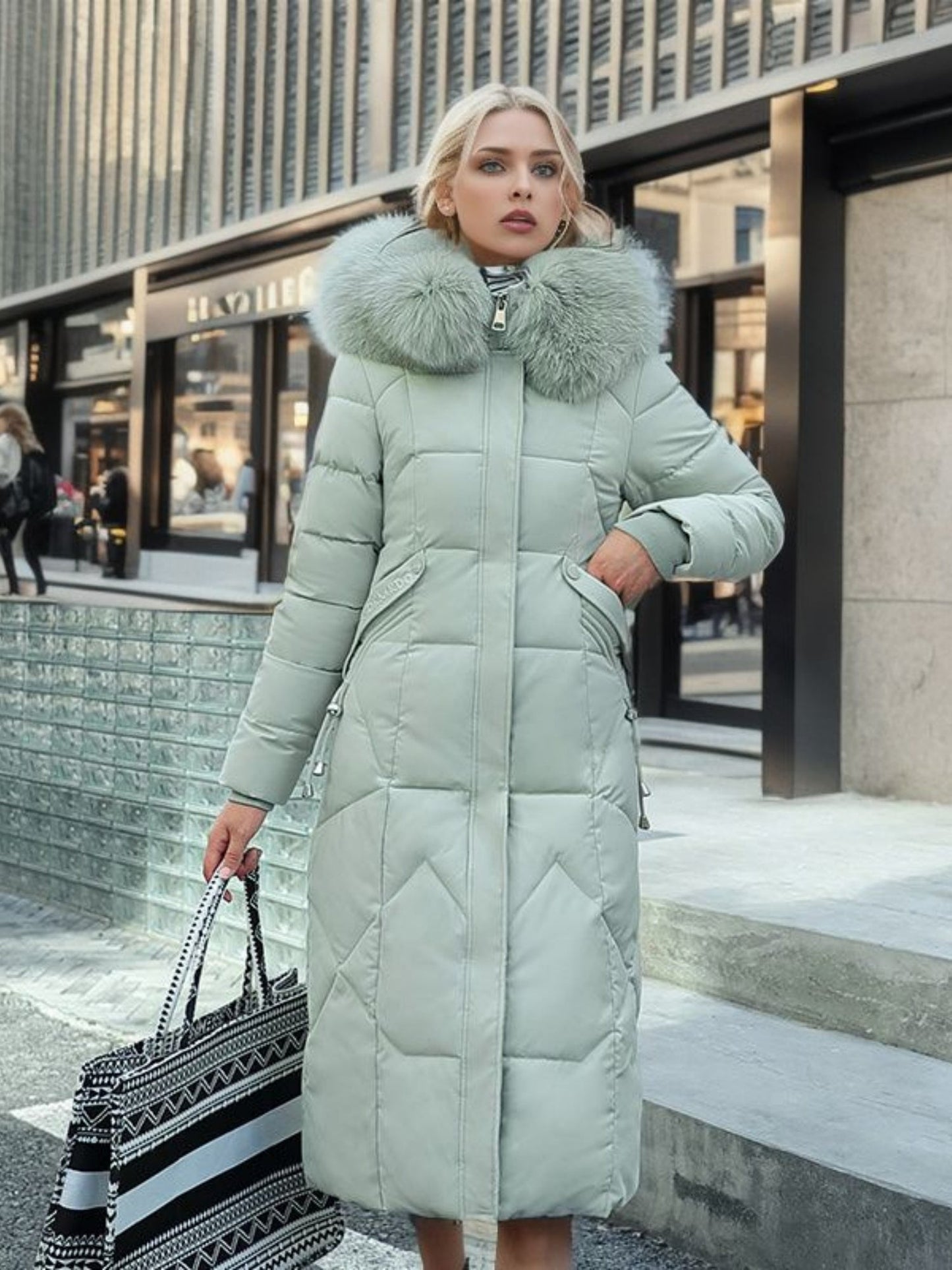 Thick Fur Collar Over-the-knee Mid-length Pocket Down Jacket