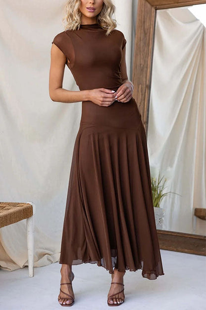 Mockneck Cap Sleeves Ruched Mesh Maxi Dress