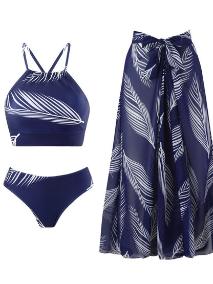 Feather Print Two-Piece Swimsuit With Sun Protection And Skirt (Three-Piece Set)