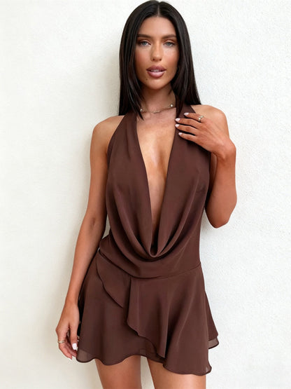 Deep V Swing Collar Chiffon Halter Reunion Mini&Short Dresses