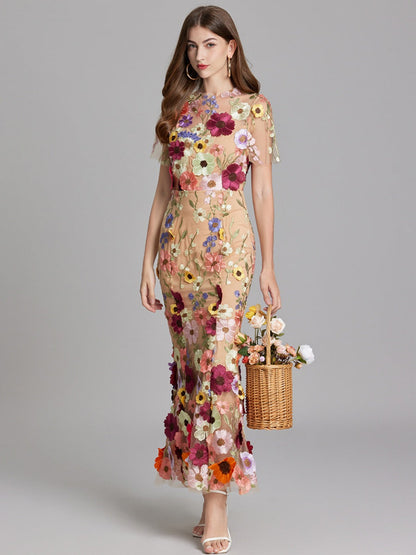 Embroidered 3D Floral Fitted Waist Short-sleeved Long Dress