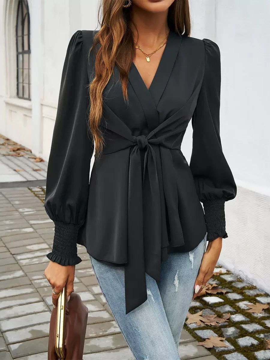 V-neck Tie-waist Solid Color T-shirt