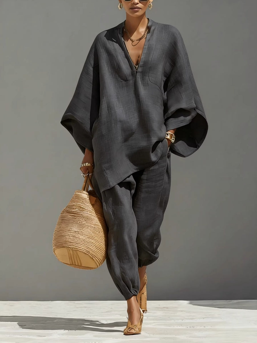 Solid Color Batwing Sleeves, V-neck, Loose Pockets 2-piece Sets