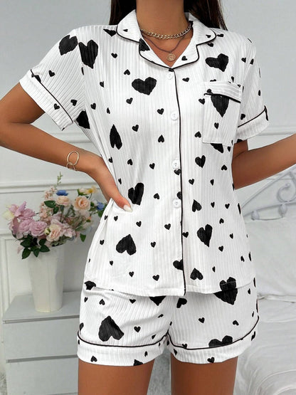 Heart-print Cardigan With Collar And Button-down Short Sleeves And Shorts, Two-piece Loungewear Set