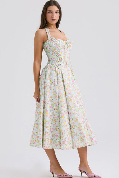 Halter Sweetheart Neck Lace Trim Ditsy Floral Corset Bodice Midi Dress