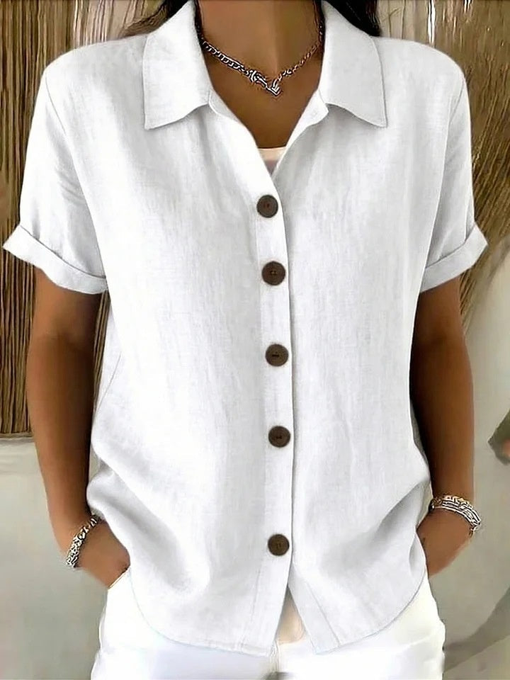 Button-up Cotton Linen Solid Color Short-sleeved T-shirt
