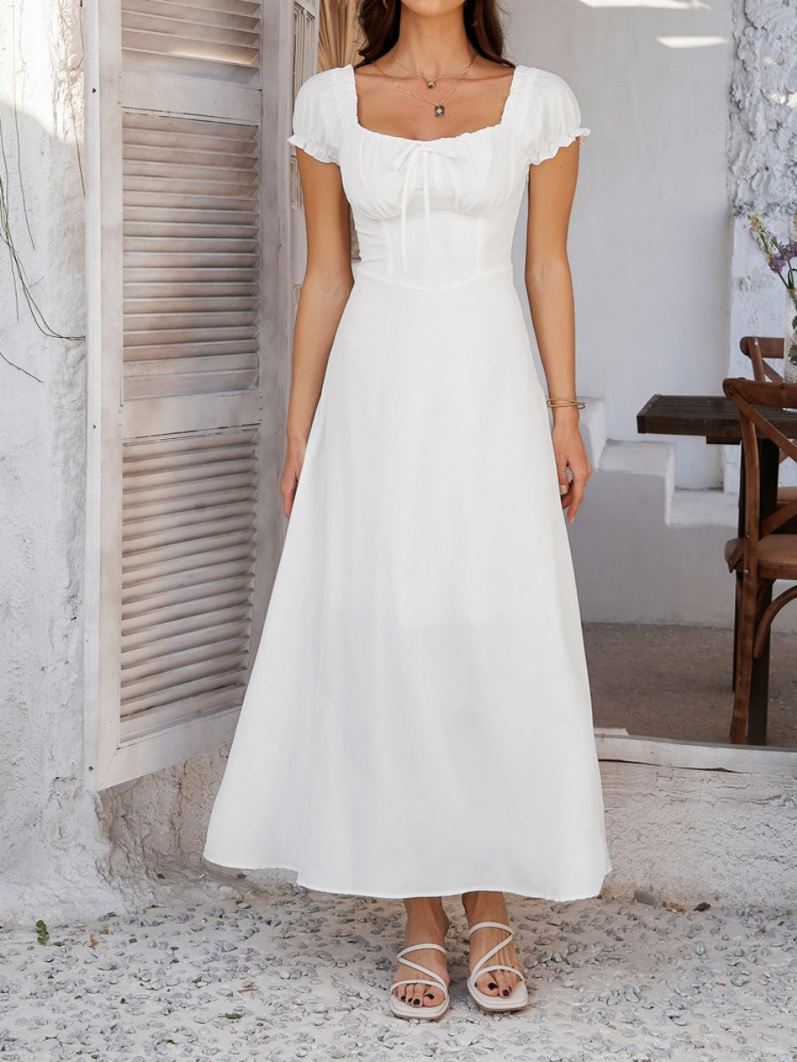 Tie-waist Ruched Puff Sleeve Long Dress