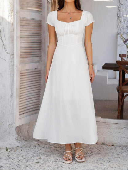 Tie-waist Ruched Puff Sleeve Long Dress