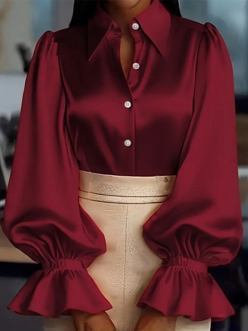 Puff Sleeve Long-sleeved Collared Satin Shirt