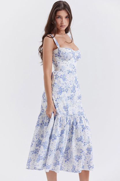 Floral Print Sweetheart Bustier Wide Strap Tiered Ruffle Hem Midi Dress