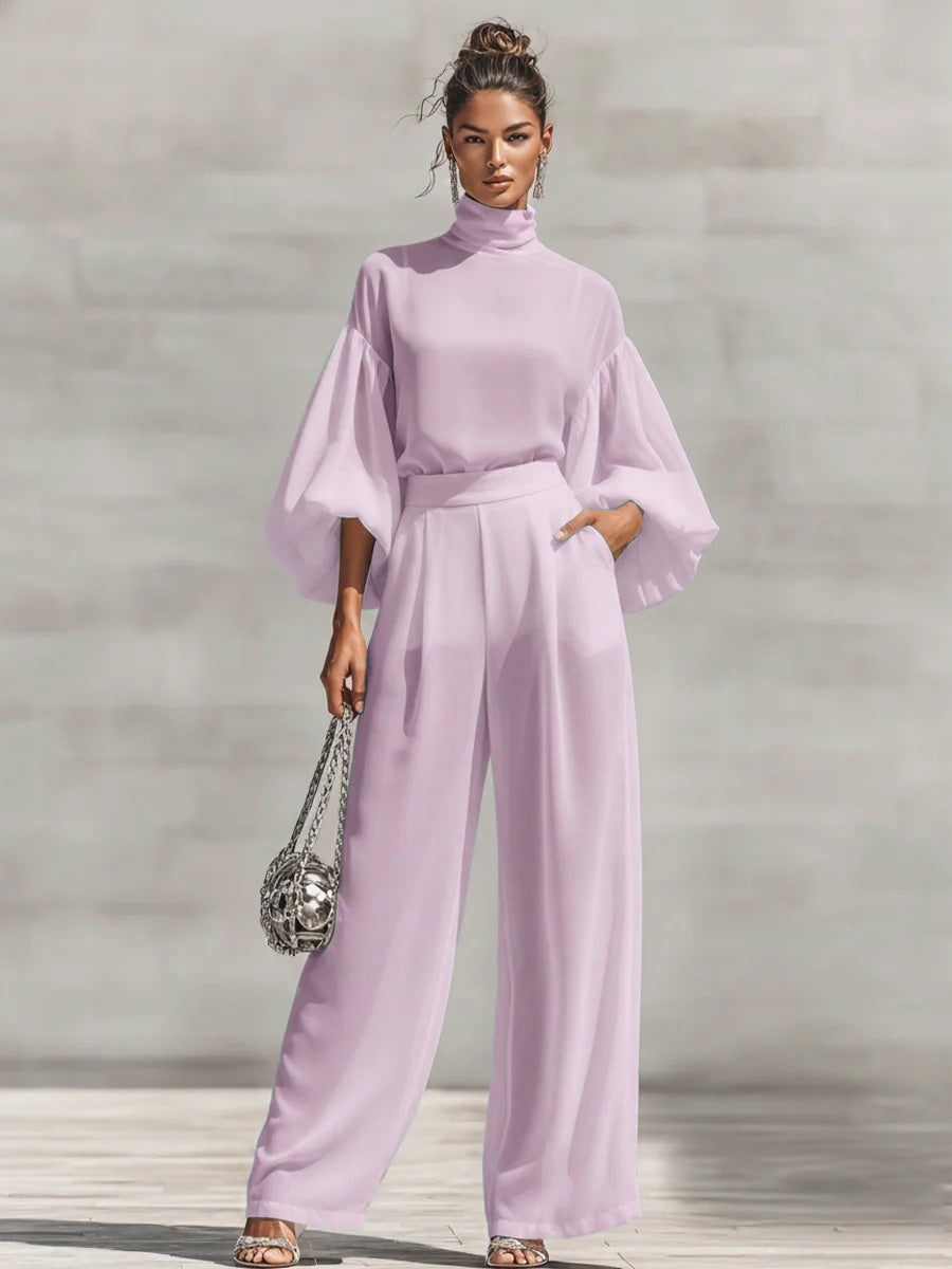 Chiffon Stand-up Collar Puff Sleeve High-waisted Draped Wide-leg Pants Two-piece Set
