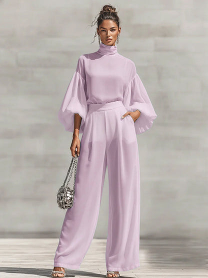 Chiffon Stand-up Collar Puff Sleeve High-waisted Draped Wide-leg Pants Two-piece Set