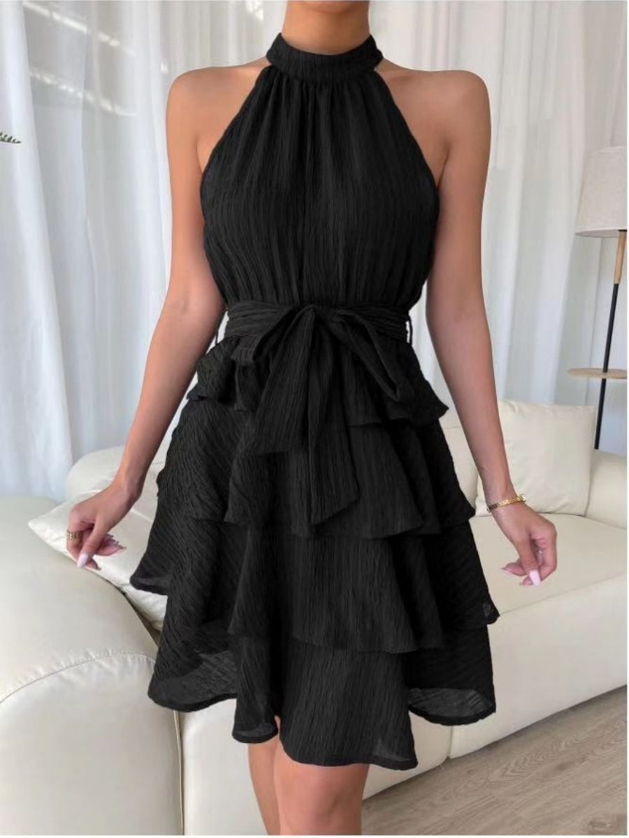 Halter Sleeveless Ruffle Black Mini&Short Dresses
