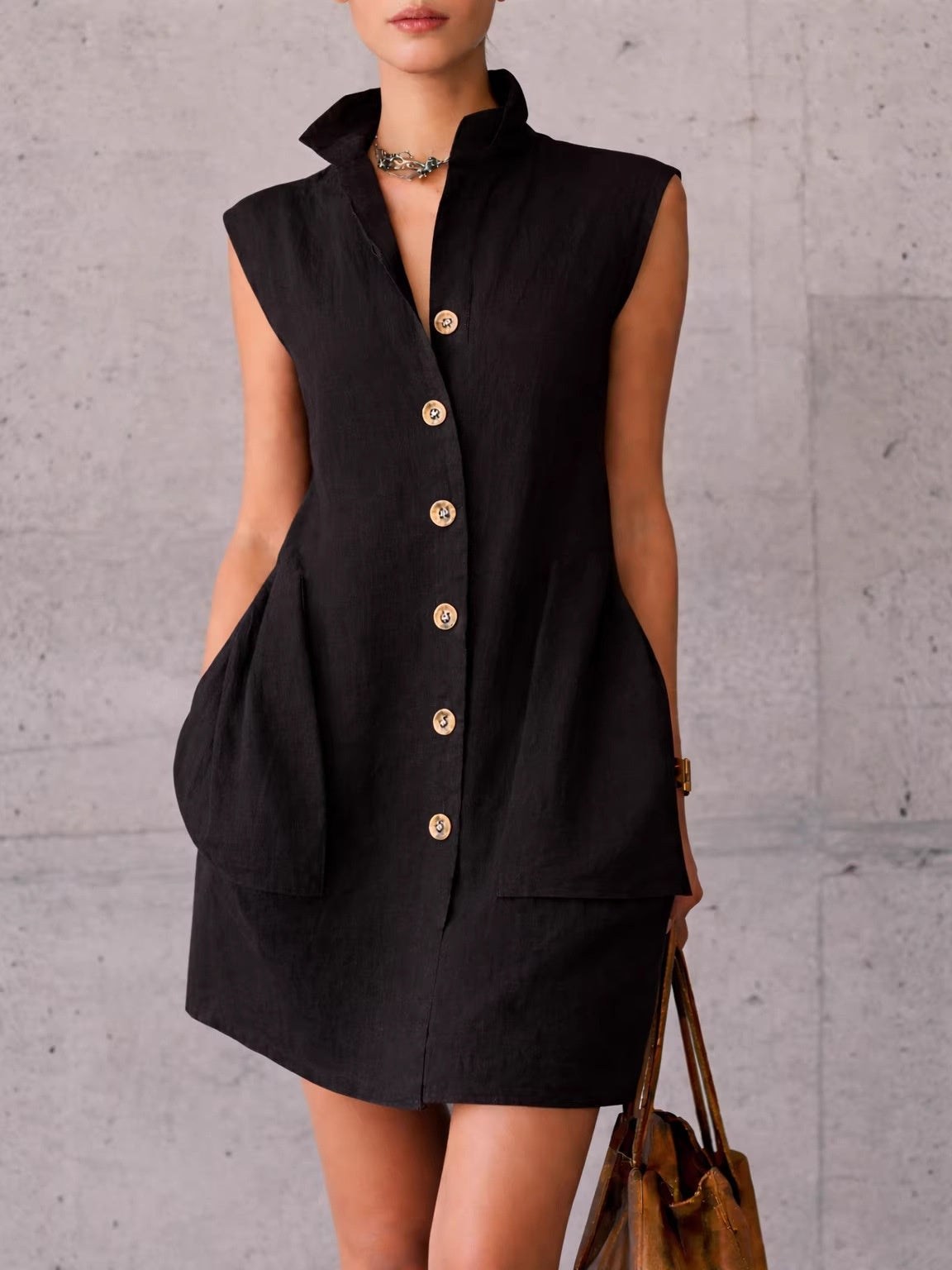 Sleeveless Stand-collar Shirt Dress With Pockets, Vacation Style Short Dress