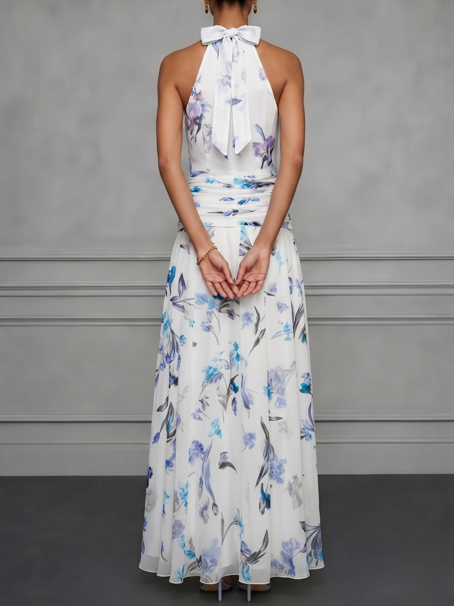 Halter Printed Temperament Waist Parties Maxi Dresses