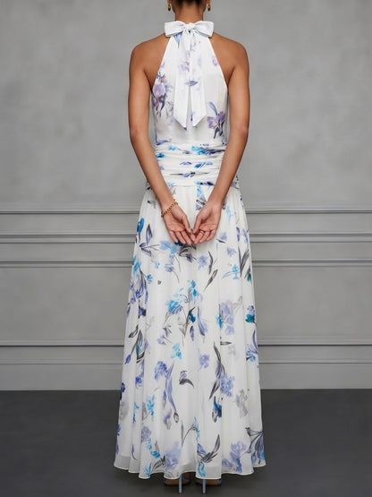 Halter Printed Temperament Waist Parties Maxi Dresses