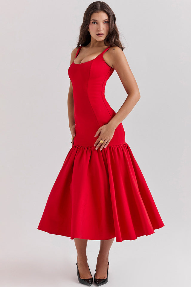 Scoop Neck Princess Seam Dropped Waist Flared Trumpet Midi Dress