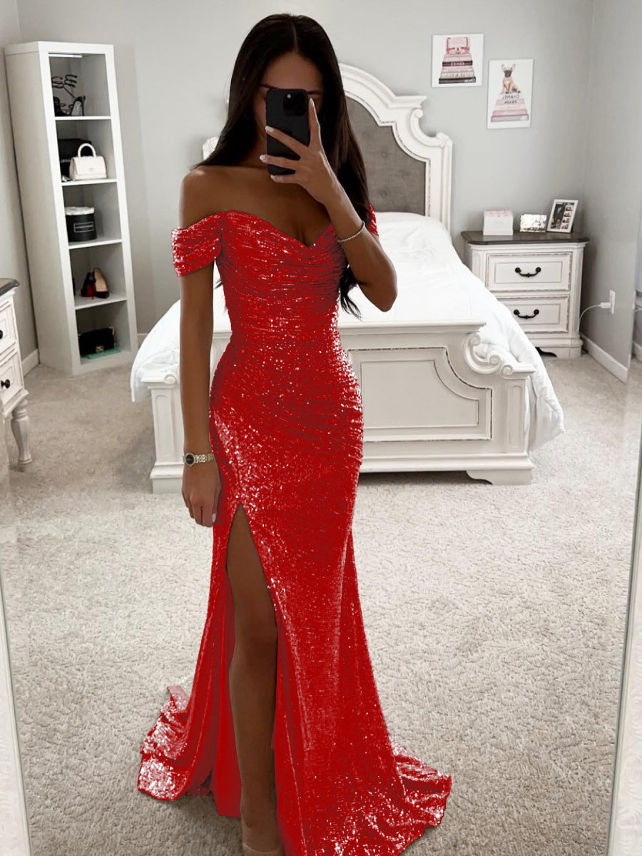 Sequins One-shoulder Collar Slit Pleated Maxi Dresses