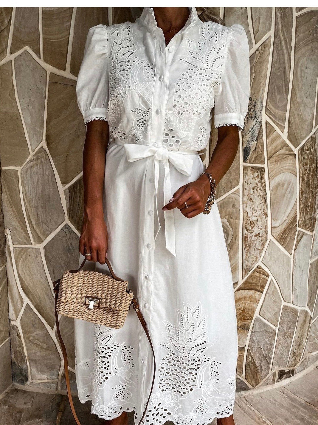 Hollow-out Short-sleeved Belted Long Dress