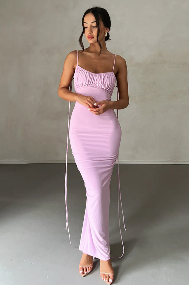 Deep V Back Tie Strap Ruched Gathered Back Bodycon Maxi Dress