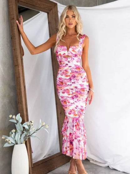 Printed Gathering Camisoles V-neck Ruffle Maxi Dresses