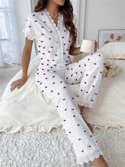 Cherry Print Water-soluble Embroidered Trim Short-sleeved Trousers Set That Can Be Worn As Loungewear