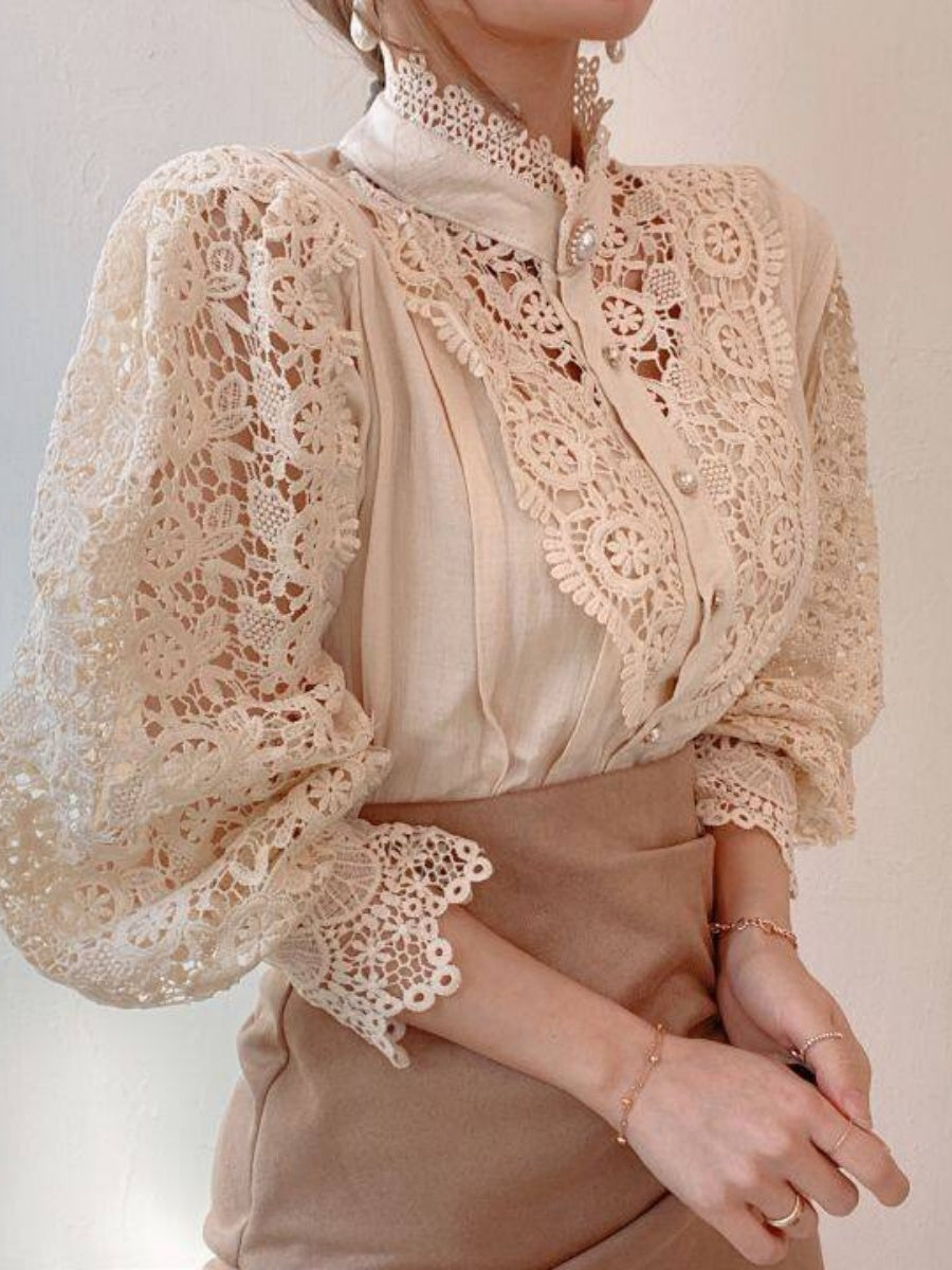 Button-up Lace Openwork Floral Patchwork Shirt