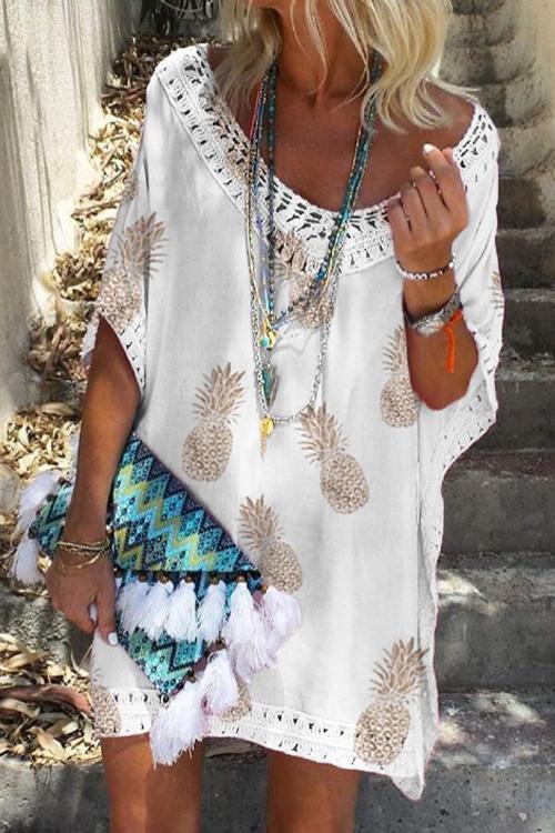 Margovil V Neck Hollow Out Pineapple Printed Batwing Beach Dress
