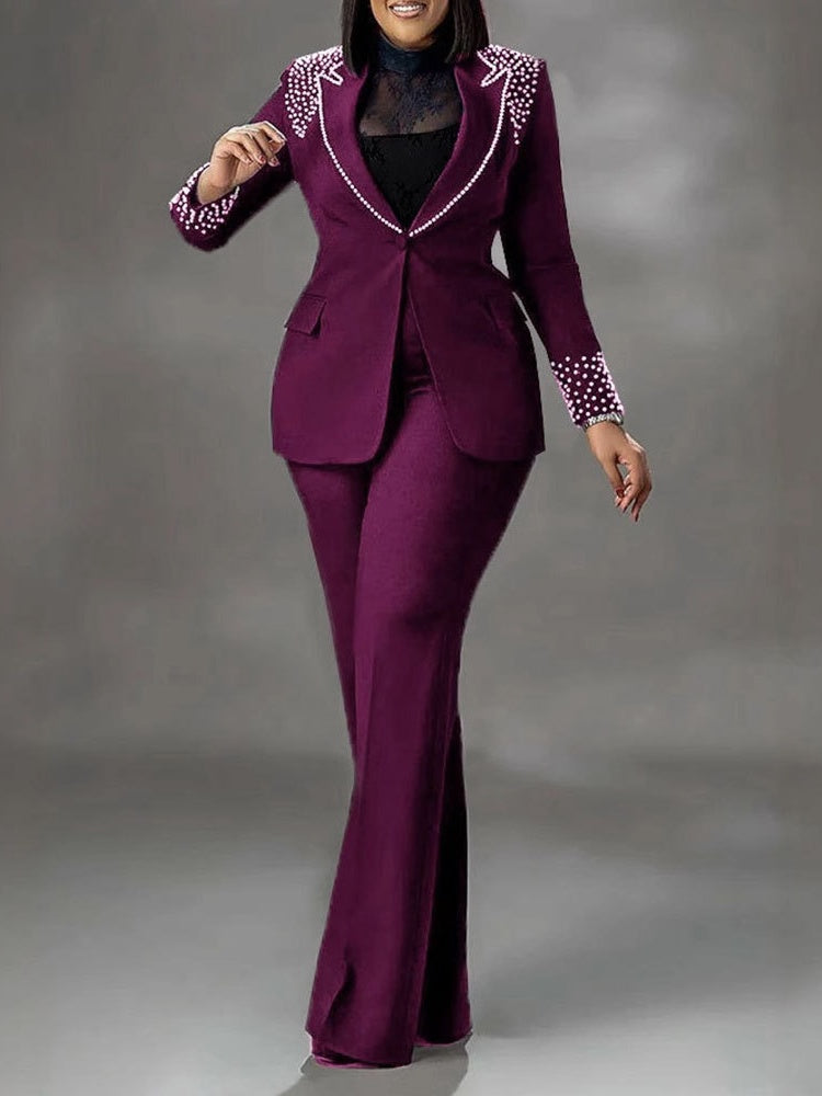 Pearl Long-Sleeved Slim-Fit Elastic Two-Piece Suit