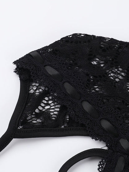 Black Lace Long-sleeved Jumpsuit Shorts