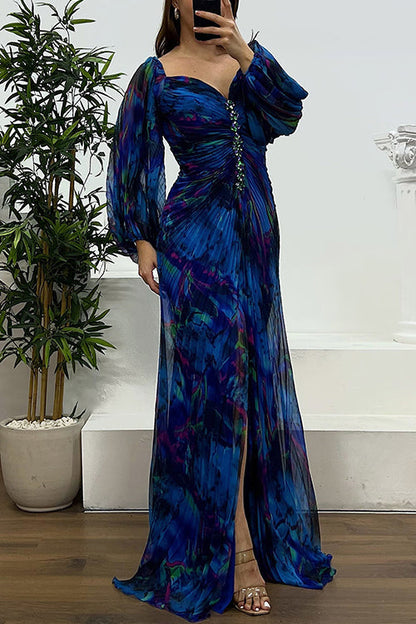Margovil Off Shoulder Lantern Long Sleeves Printed Slit Pleated Maxi Dress