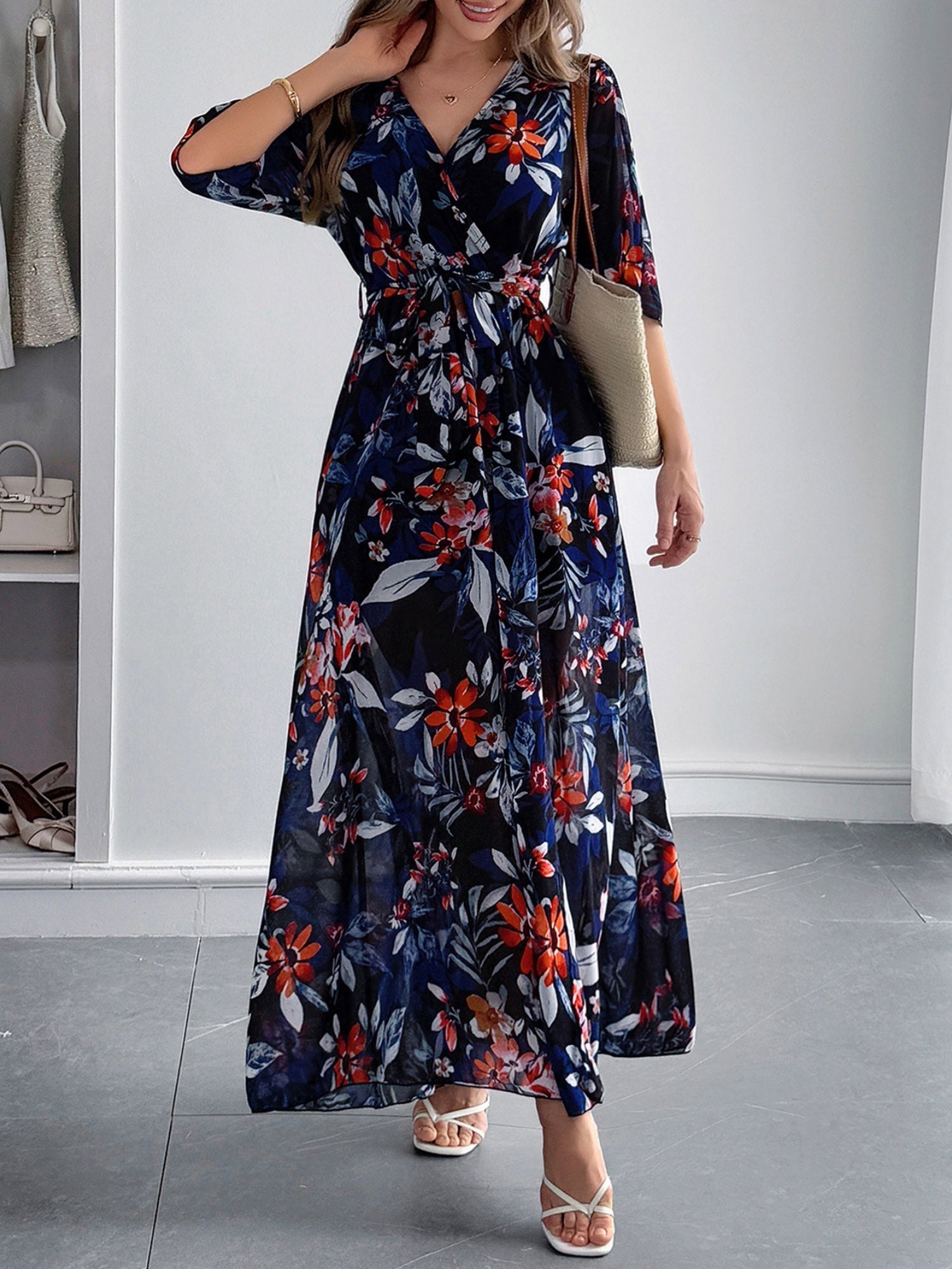Printed Straps V-neck Short Sleeve Slit Maxi Dresses