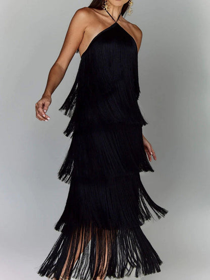 Halter Tassel Backless Cross Maxi Dresses