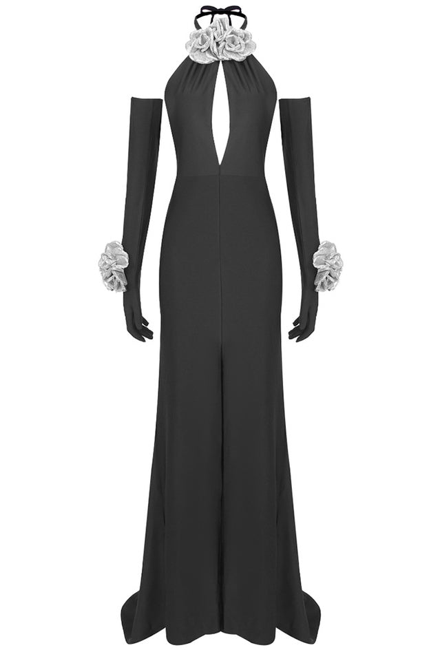 Halter Keyhole Neck Floral Rosette High Slit Maxi Gown